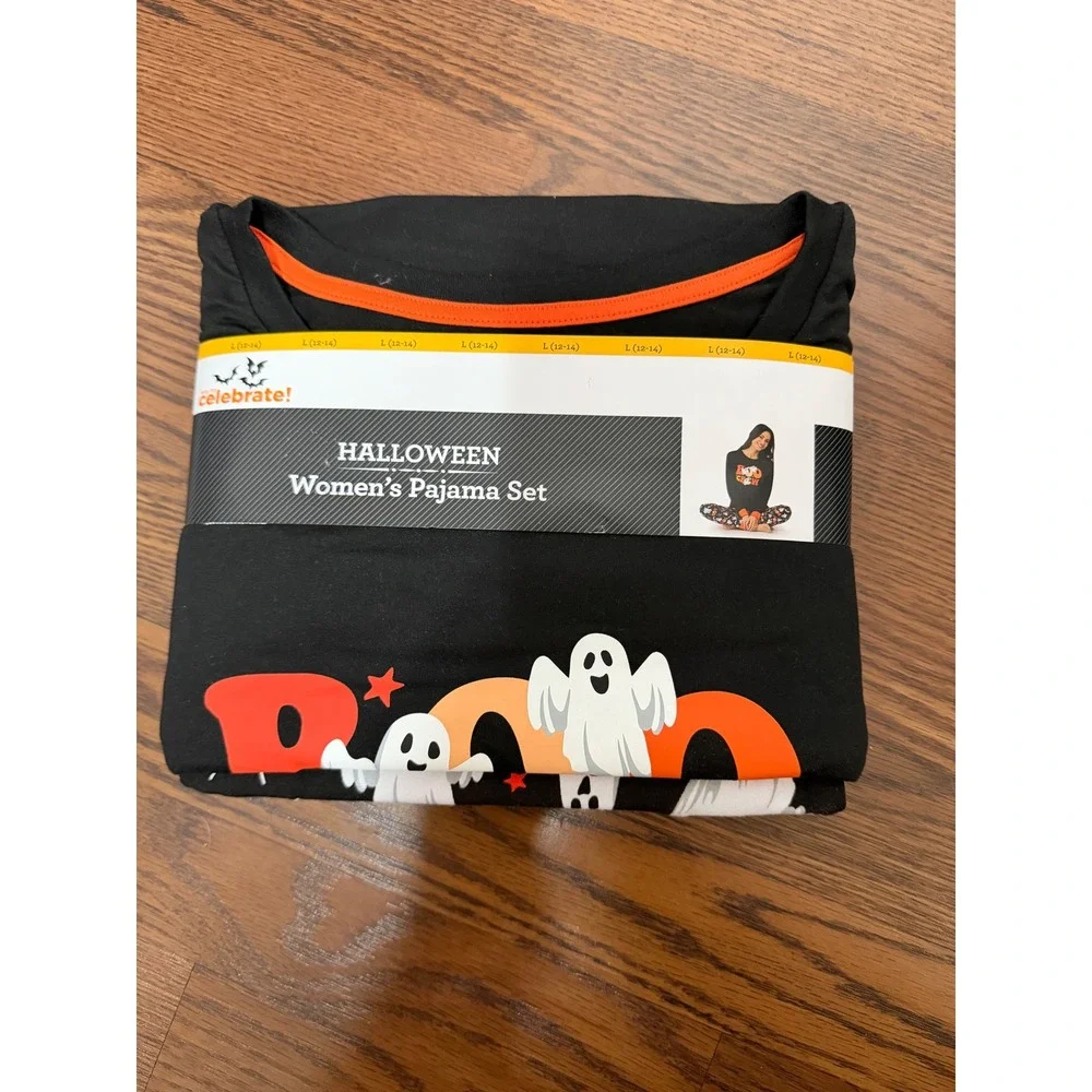 Way To Celebrate Halloween Womens Pajama Set L 12-14 Black Boo Ghost 2PC PJs New